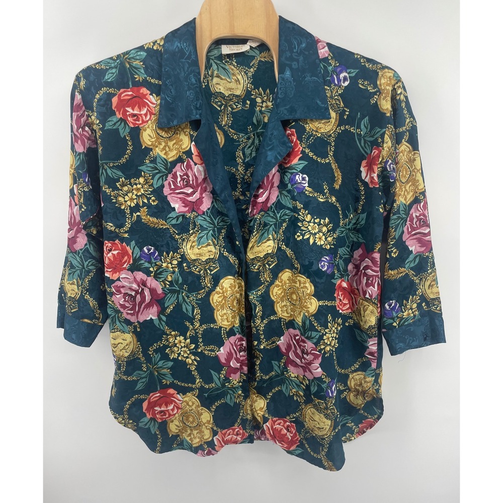 Victoria's Secret Pajama Top Satin M/L Teal Floral Gold Label Vintage 90s Crest